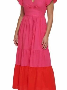 Kensie Pink and Red Tiered Maxi Dress
